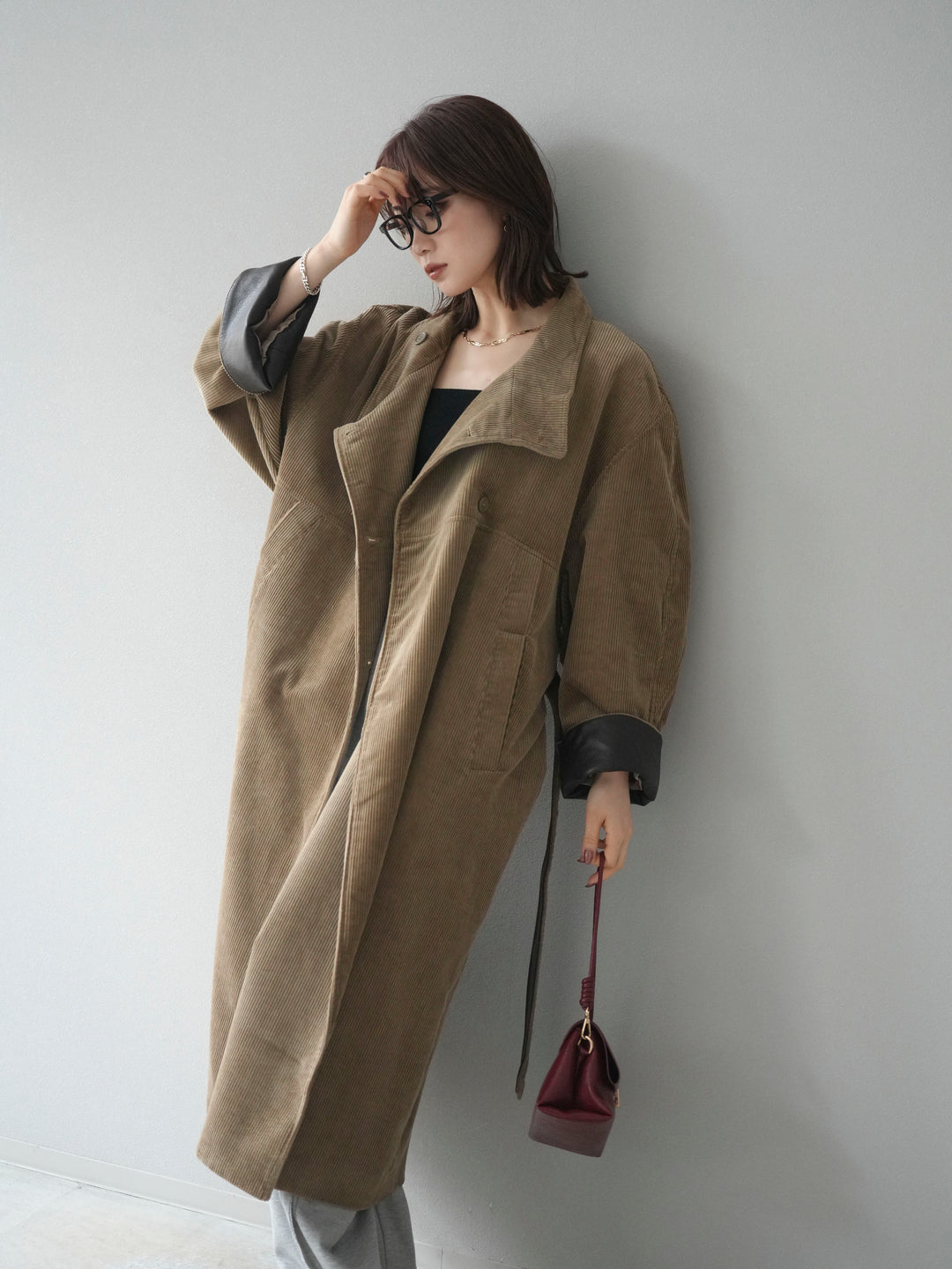 [予約]コーデュロイ折り返しレザーロングコート/beige