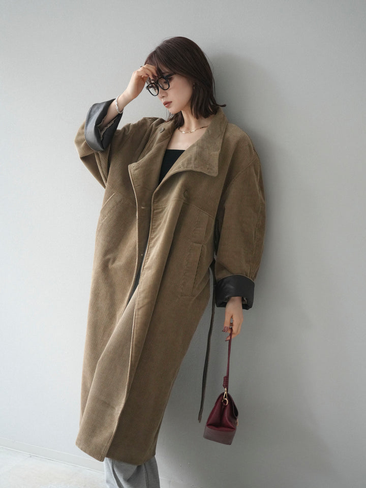 [予約]コーデュロイ折り返しレザーロングコート/beige