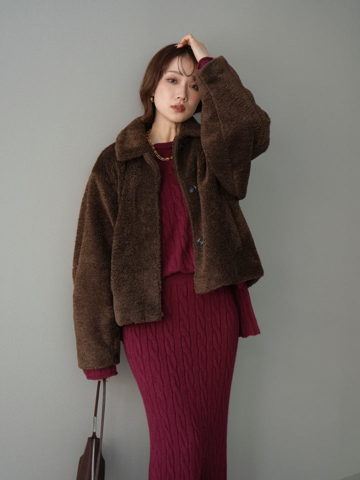 [SET]エコファーステンカラージャケット+ストール付ケーブルニットプルオーバー&ロングスカートSET UP(2set)