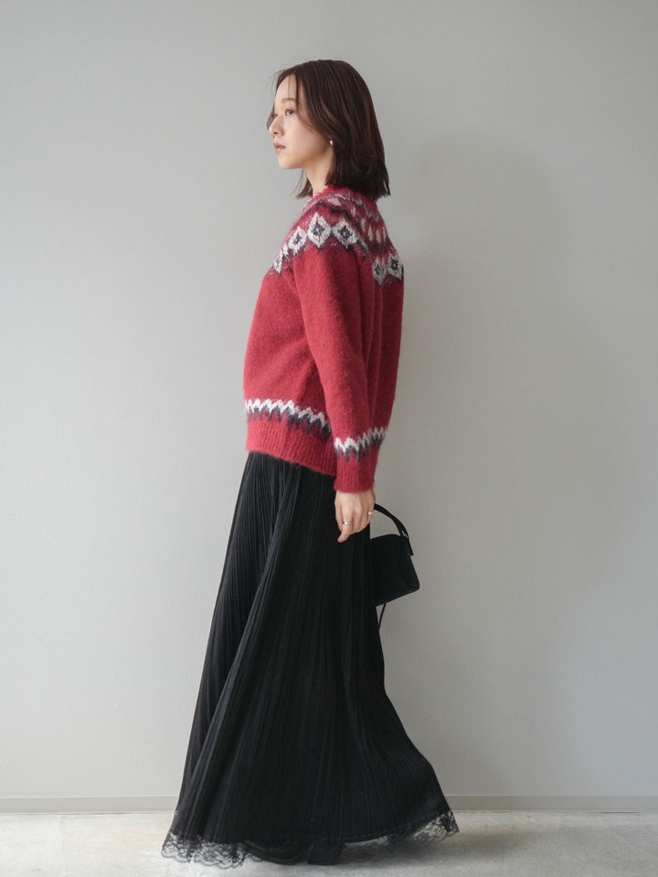 [SET]ソフトタッチ求心柄ニットプルオーバー+裾レーススウェードプリーツマキシスカート(2set)