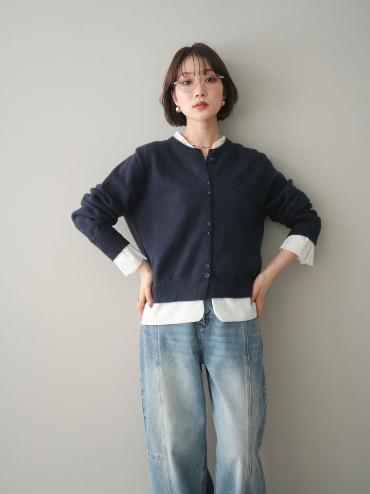 [SET]布帛ドッキングニットカーディガン+ガーメントウォッシュカーブデニムパンツ(2set)