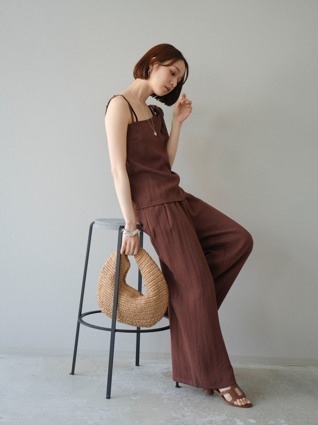 [SET]アシンメトリーショルダーデザイントップス＆ワイドパンツSET UP(2set)