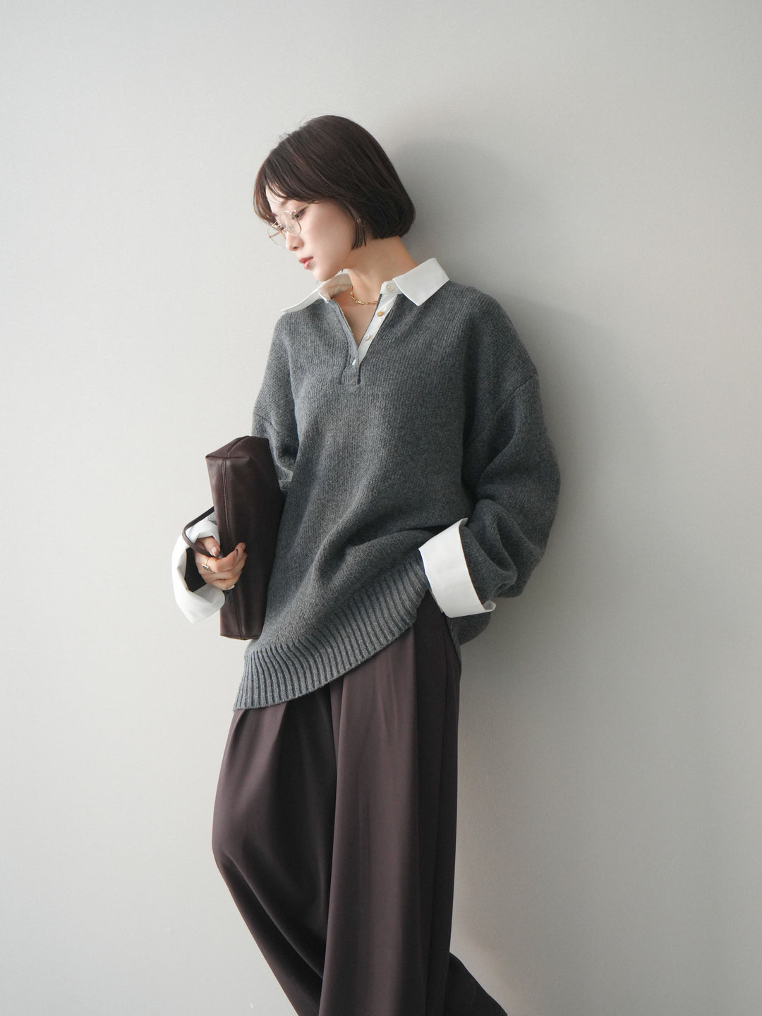 [予約]シャツドッキングオーバーニットプルオーバー/charcoaloff