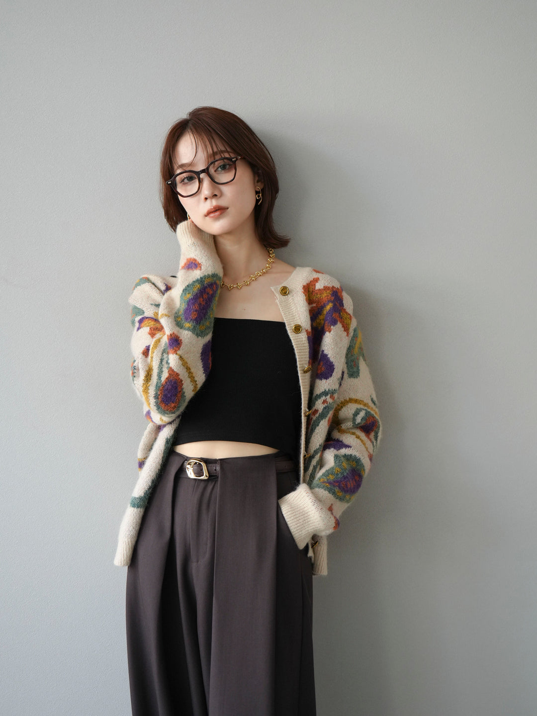 [予約]ミックスヤーンペイズリー柄ニットカーディガン/アイボリー