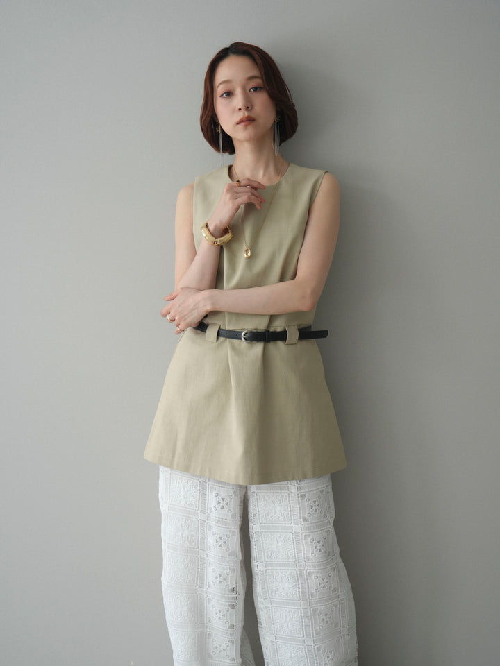 [SET]ベルト付リネンライクノースリチュニック+パネルレースイージーパンツ(2set)