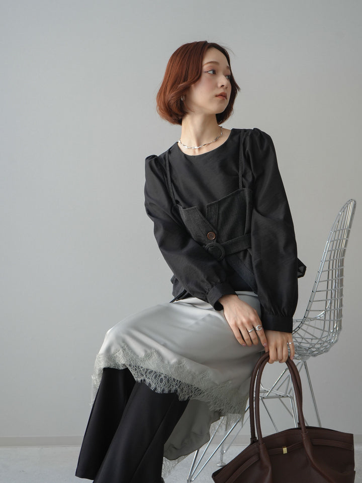 [SET]異素材ビスチェドッキングブラウス+センターシームフレアパンツ+サテンライクアシメレーススカート(3set)