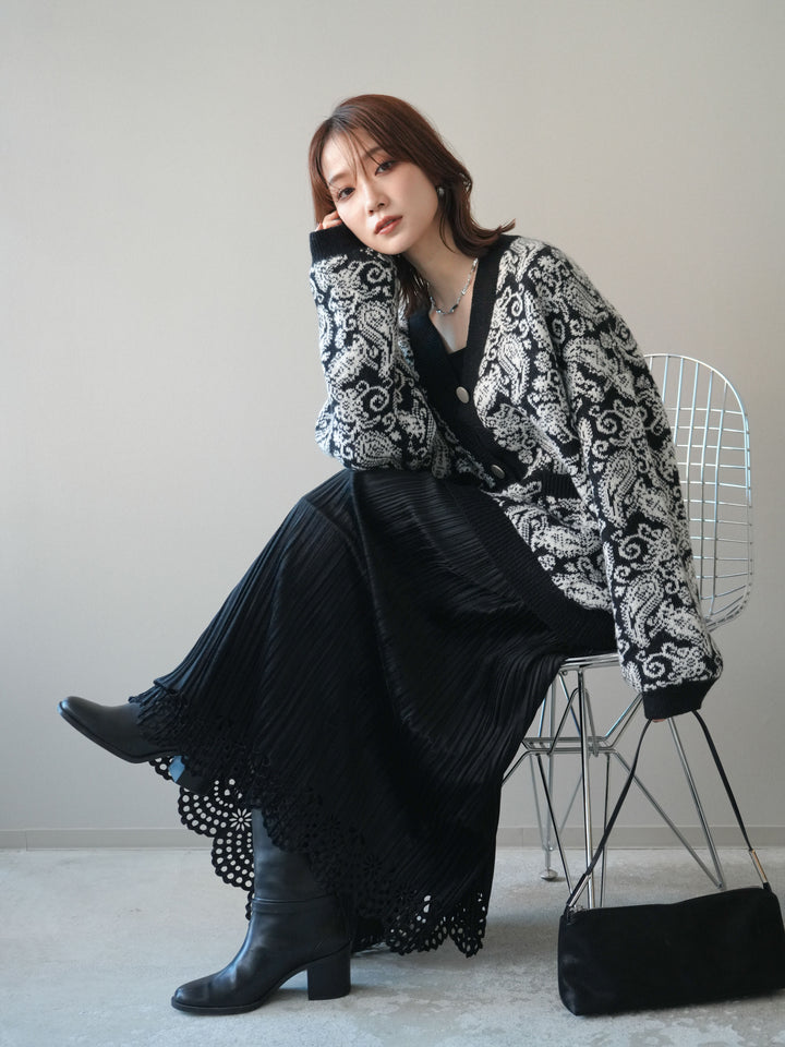 [SET]ペイズリー柄ニットカーディガン+パンチングデザインスエードプリーツスカート(2set)