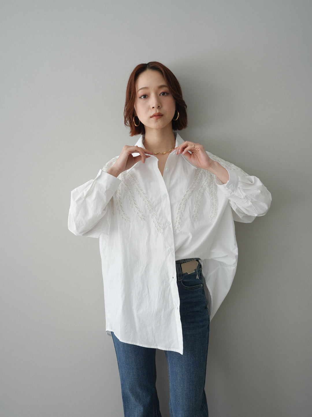 [SET]ビーズ刺繍デザインシャツ+フリンジデザインセミフレアデニム(2set)