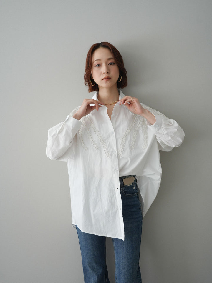 [SET]ビーズ刺繍デザインシャツ+フリンジデザインセミフレアデニム(2set)