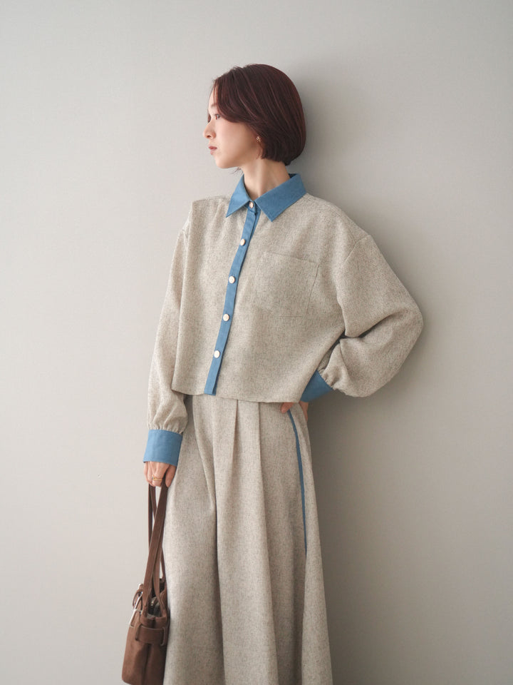 [SET]異素材サマーツイードシャツ+異素材サマーツイードタックフレアスカート(2set)