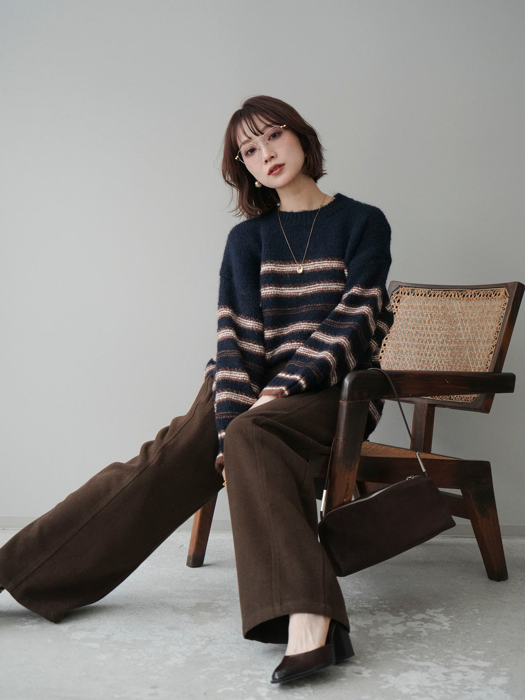 [予約]ステッチボーダーニットプルオーバー/navy