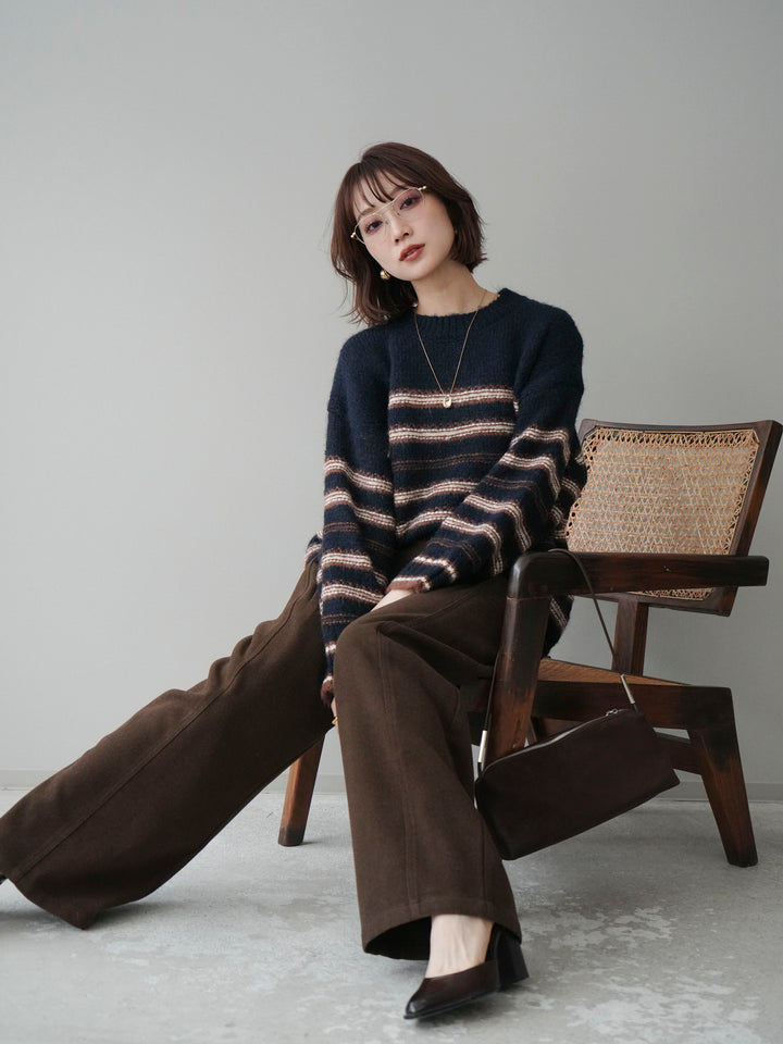 [予約]ステッチボーダーニットプルオーバー/navy