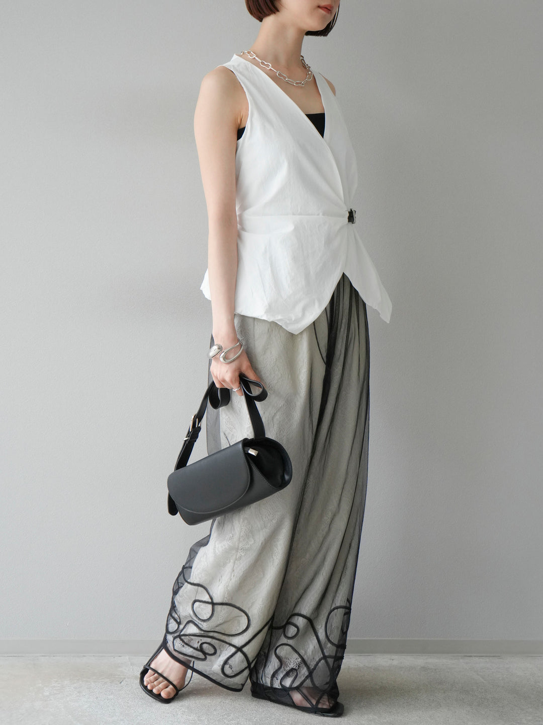 [SET]ベルトデザインバルーンブラウス+レースタックイージーパンツ(2set)