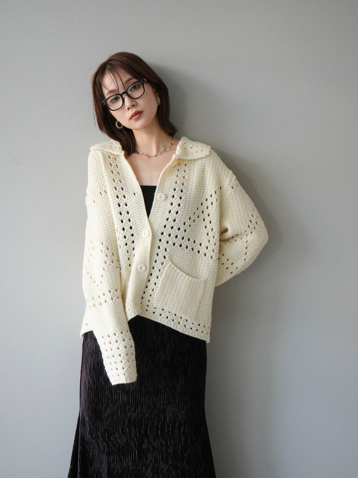 [予約]丸襟透かし編みニットカーディガン/オフ