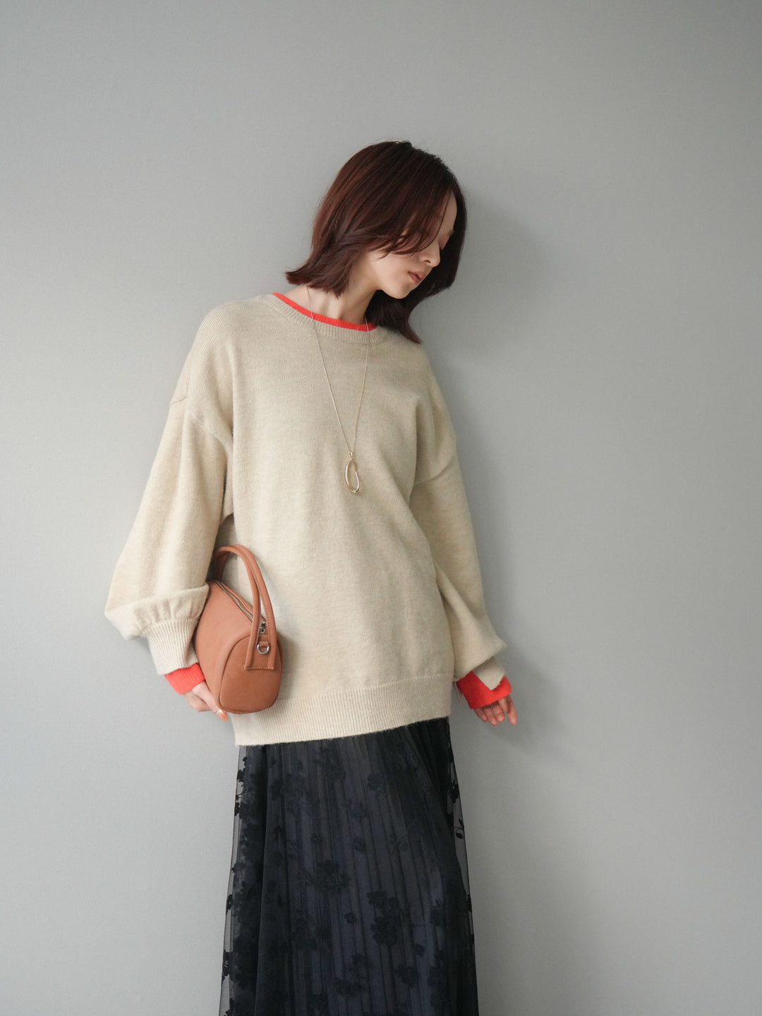 [SET]ヘンリーネック配色レイヤードニットプルオーバー+フラワーフロッキーチュールプリーツスカート(2set)