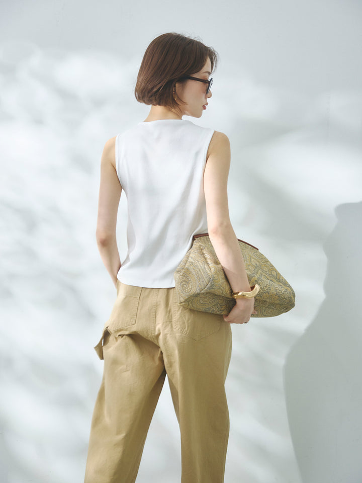 【Allure】[SET]フロントボタンテレコリブタンクトップ+カットオフコットンツイルタックワイドパンツ(2set)