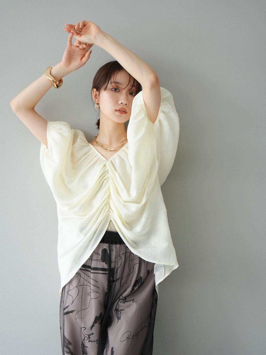 [SET]ボリュームスリーブシアータックブラウス+コード刺繍チュールレイヤードパンツ(2set)