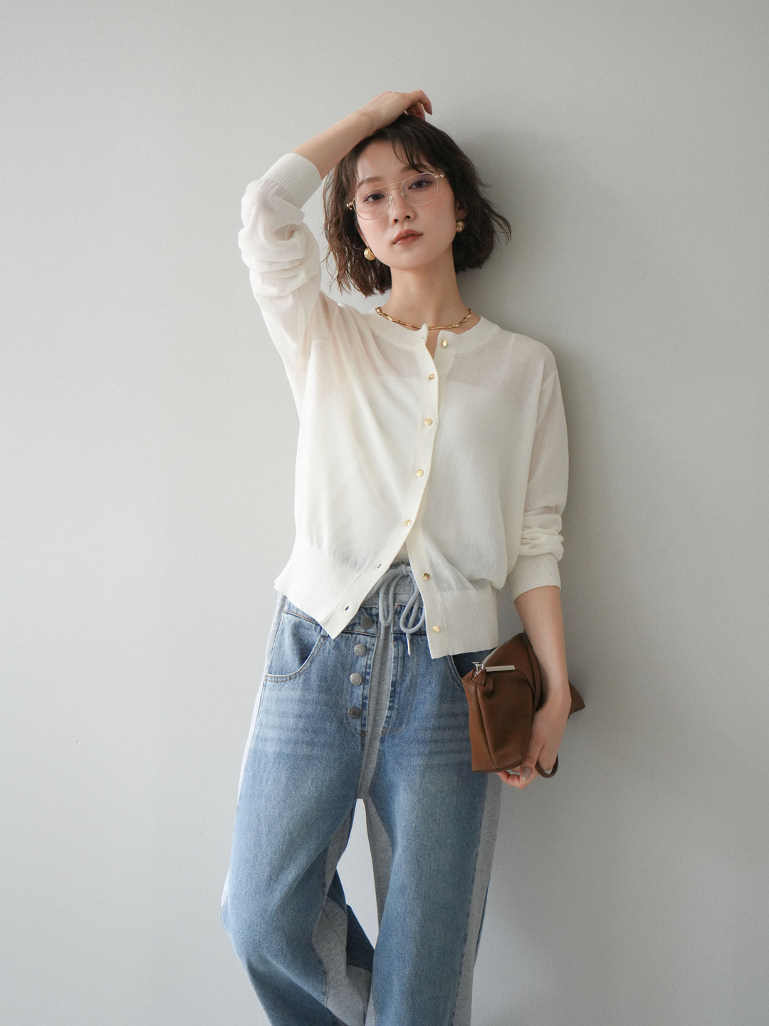 [予約]ゴールドボタンシアーニットカーディガン/offwhite