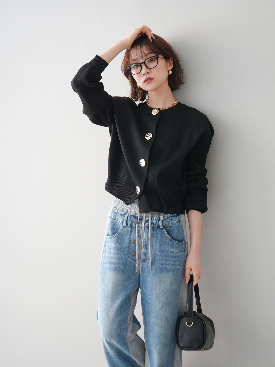 [SET]メタルボタンクルーネックニットカーディガン+選べるアクセセット(2set)