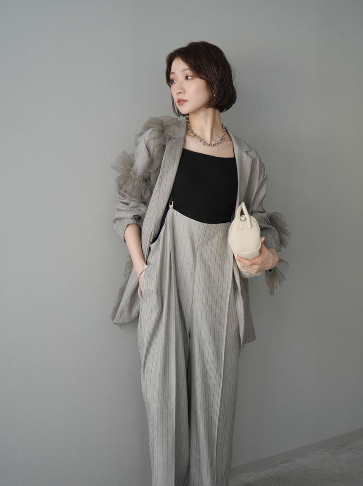 [予約]アシンメトリーチュールストライプジャケット/greige