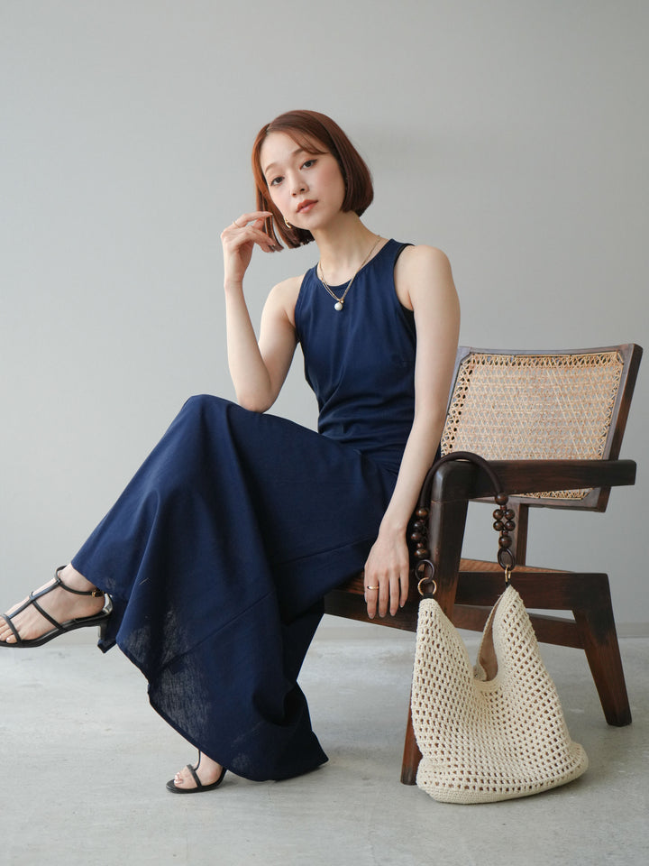 [予約]リネンタッチノースリーブワンピース/ネイビー