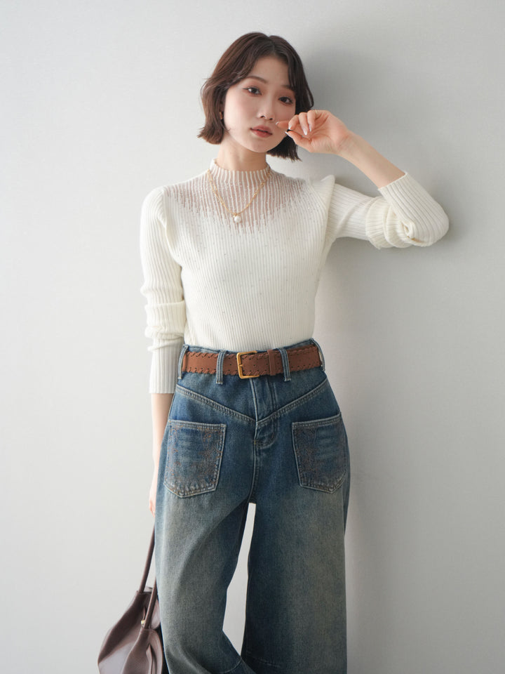 [SET]シアー切替スパンコールリブニットトップス+ベルト付ポケット刺繍カーブデニムパンツ(2set)