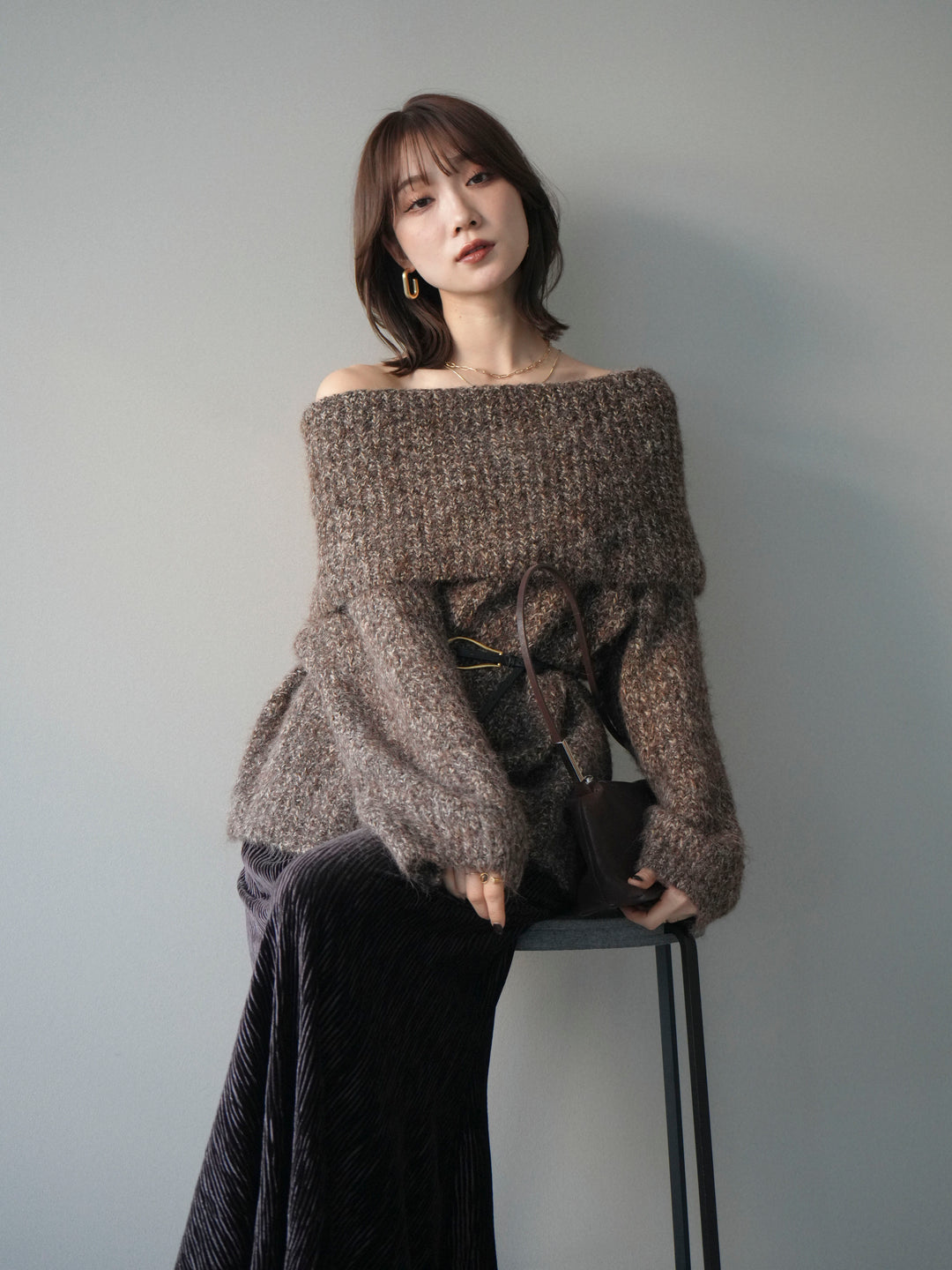 [予約]オフショルミックスニットプルオーバー/brown