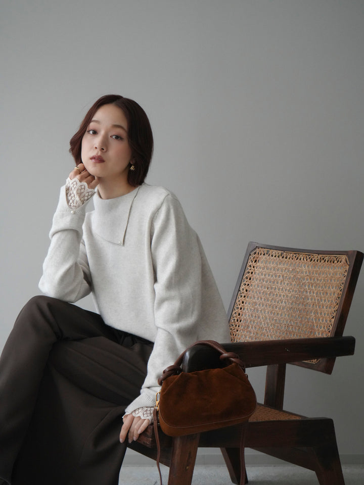 [SET]袖レースパール付き配色ニットトップス+テープベルトタックバギーパンツ(2set)