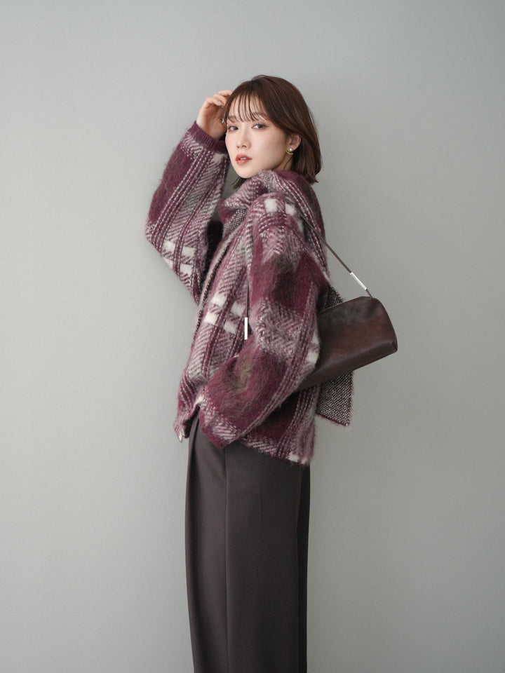 [SET]ストール付シャギーチェックニットプルオーバー+ベルトループデザインワイドパンツ(2set)