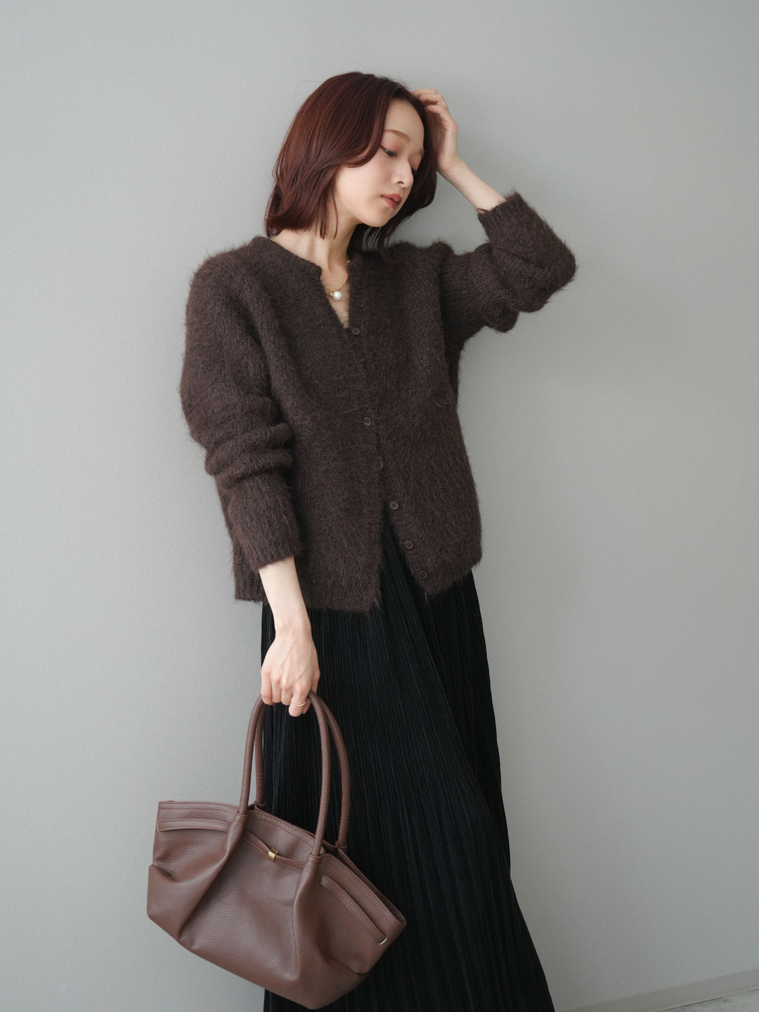 [予約]キーネックシャギーニットカーディガン/brown