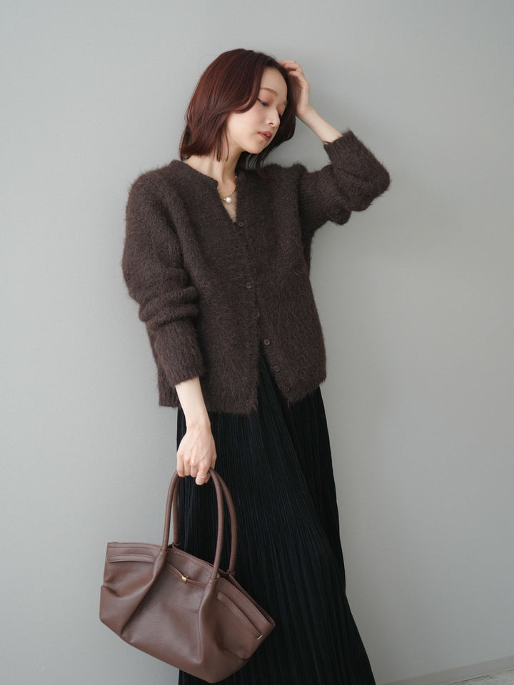 [予約]キーネックシャギーニットカーディガン/brown