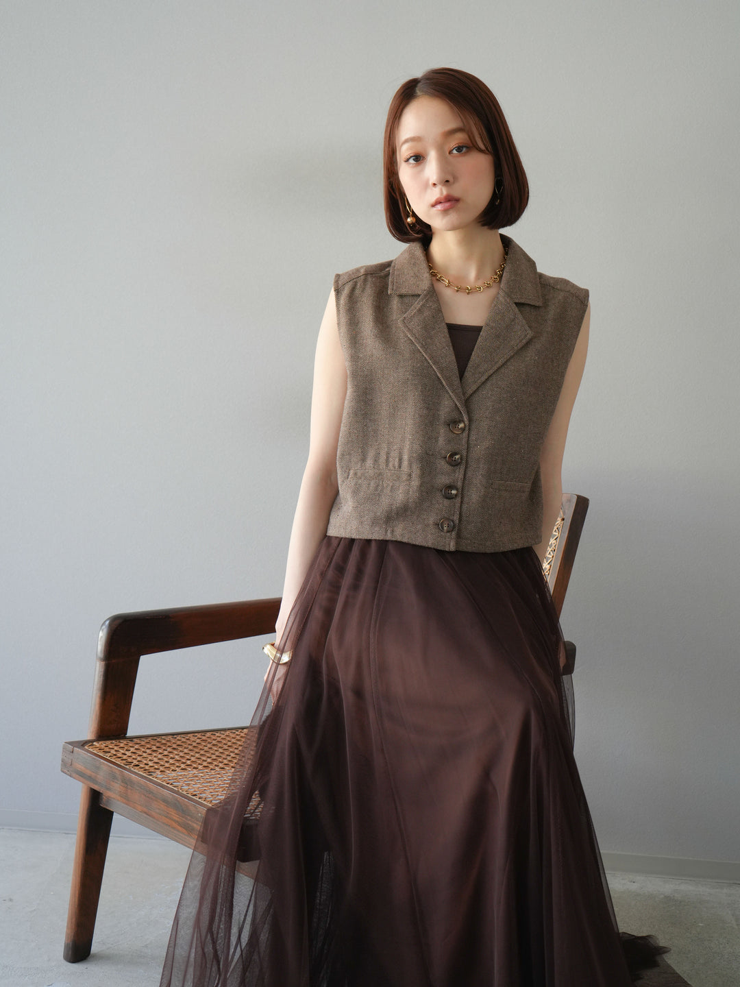 [予約]ツイードタッチテーラードジレ/ブラウン