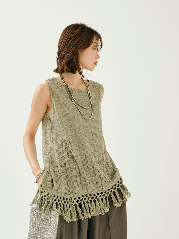 [予約]フリンジ透かし編みニットベスト/カーキ
