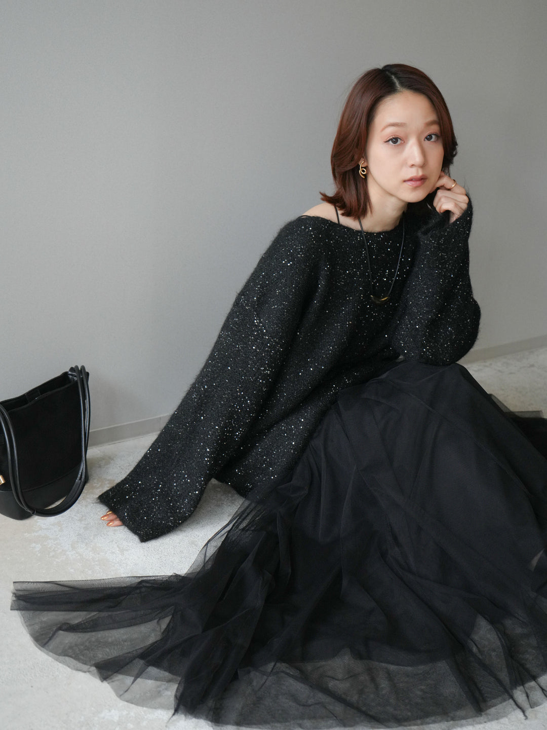 [予約]スパンコールミニシャギーニットチュニック/black