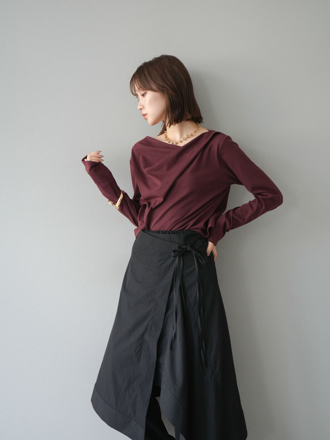 [予約]ドレープデザインカットソー/ブラウン