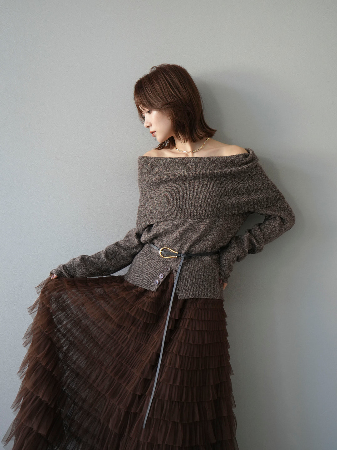 [予約]ミックスヤーンオフショルニットプルオーバー/ブラウン