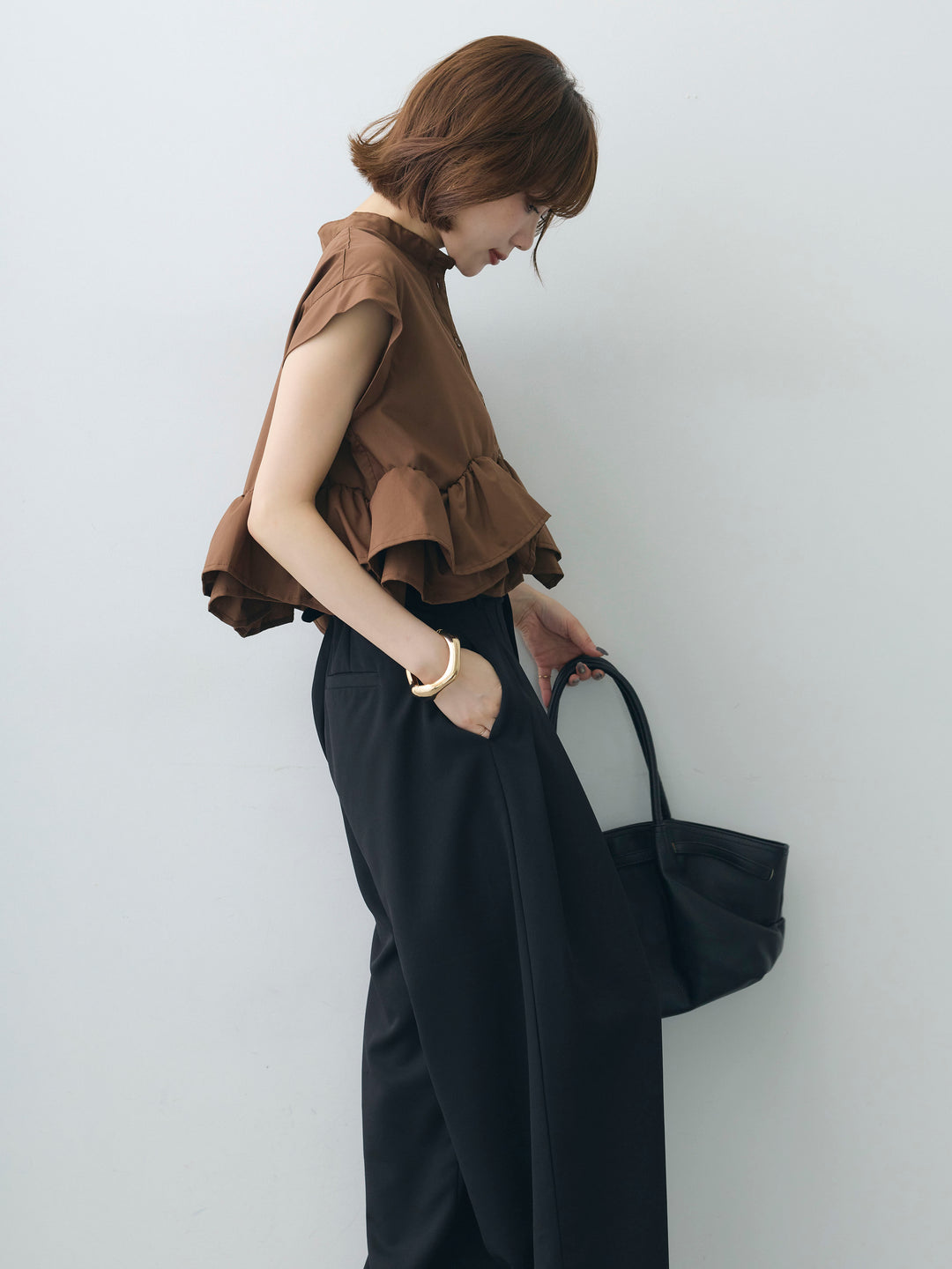 [予約]ブロードフレンチフリルヘムブラウス/brown