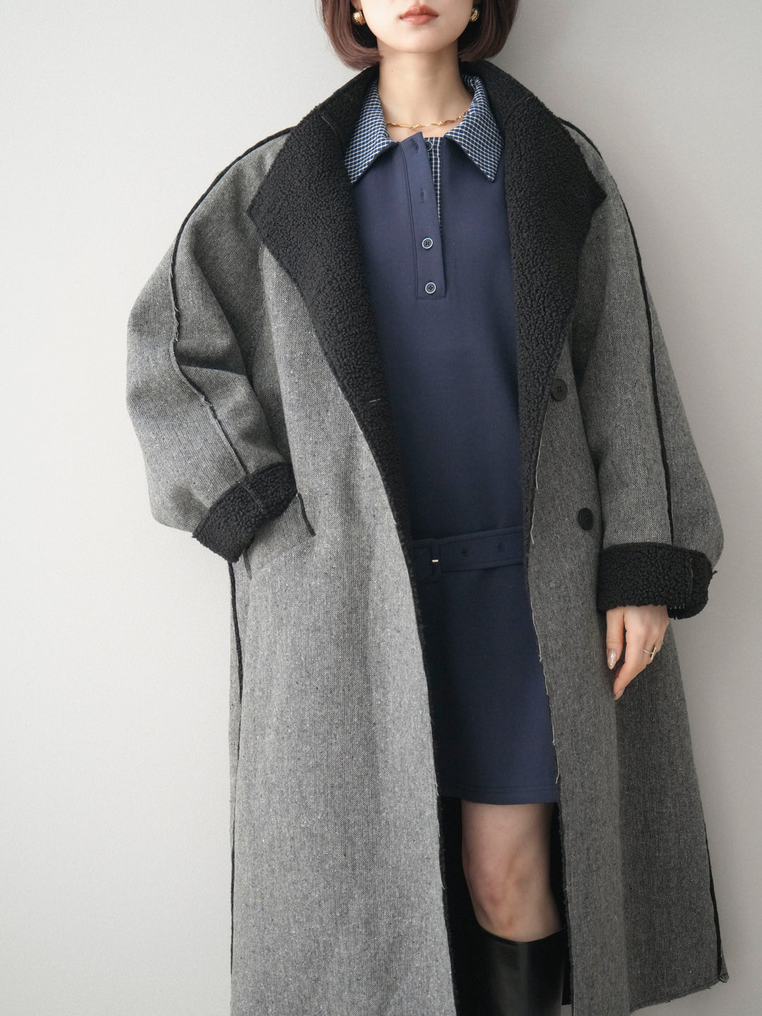 [SET]チェック襟xスエットミニワンピース+アウトシーム裏ボアコート(2set)
