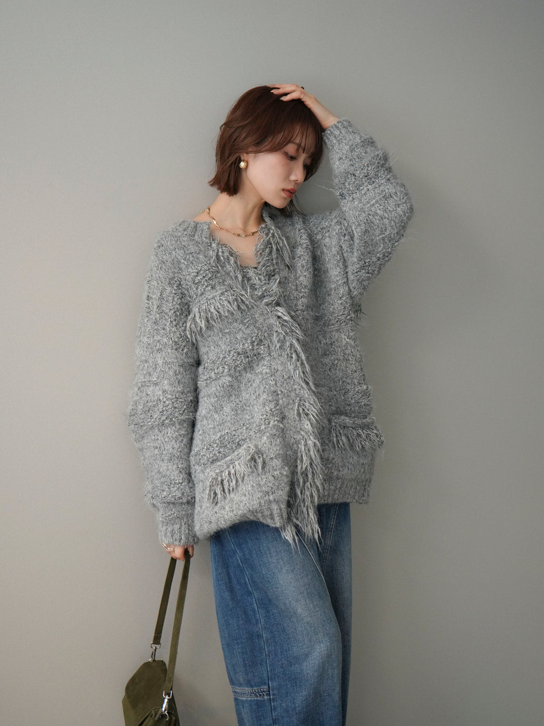 [予約]ミックスヤーンフリンジデザインニットジャケット/gray