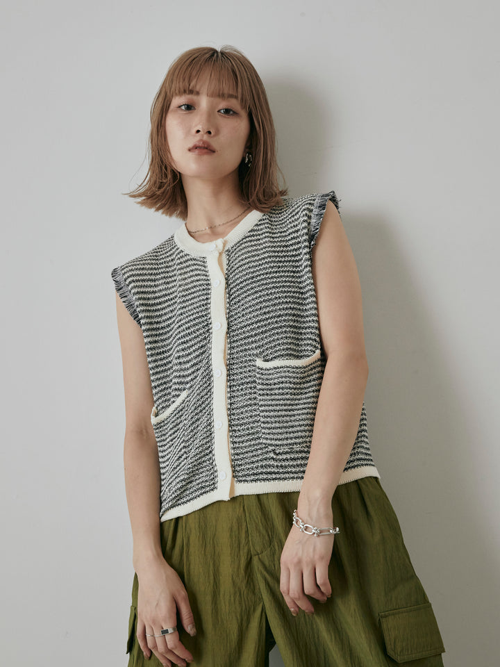 [予約]ボーダー袖フリンジニットベスト/オフ