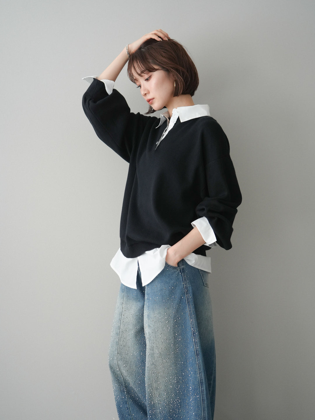[予約]シャツドッキングオーバーニットプルオーバー/blackoff