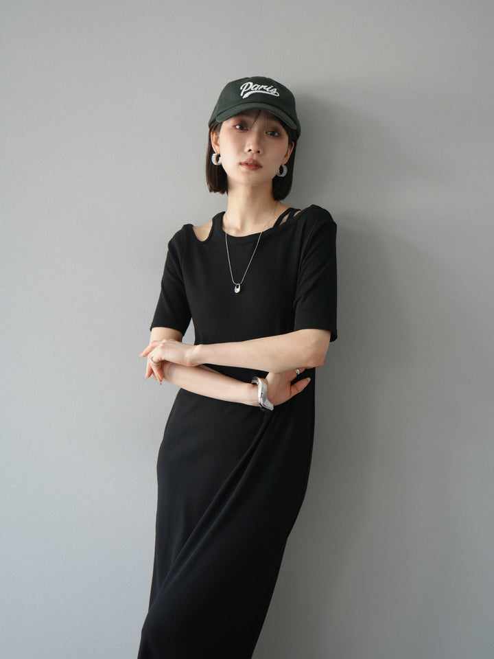 [予約]デザインネックカットリブワンピース/ブラック