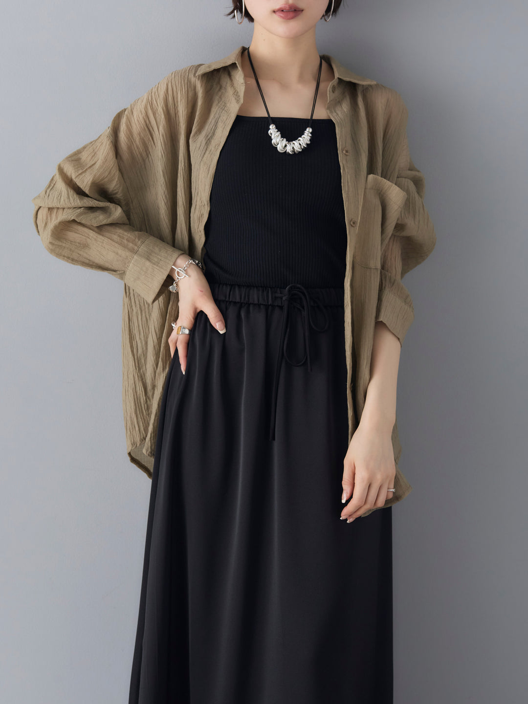 [SET] Willow sheer LS shirt + satin flare skirt (2set)