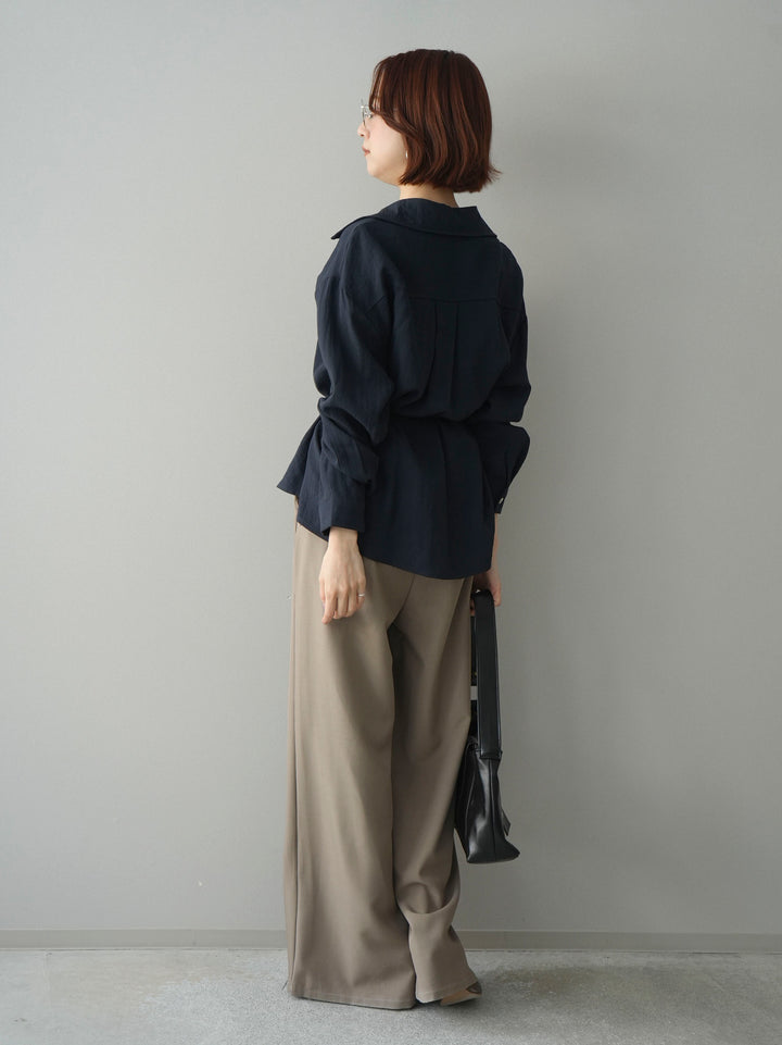 [SET]Vネック変形ラインシャツ+ベルト付キーホルダーモチーフワイドパンツ(2set)