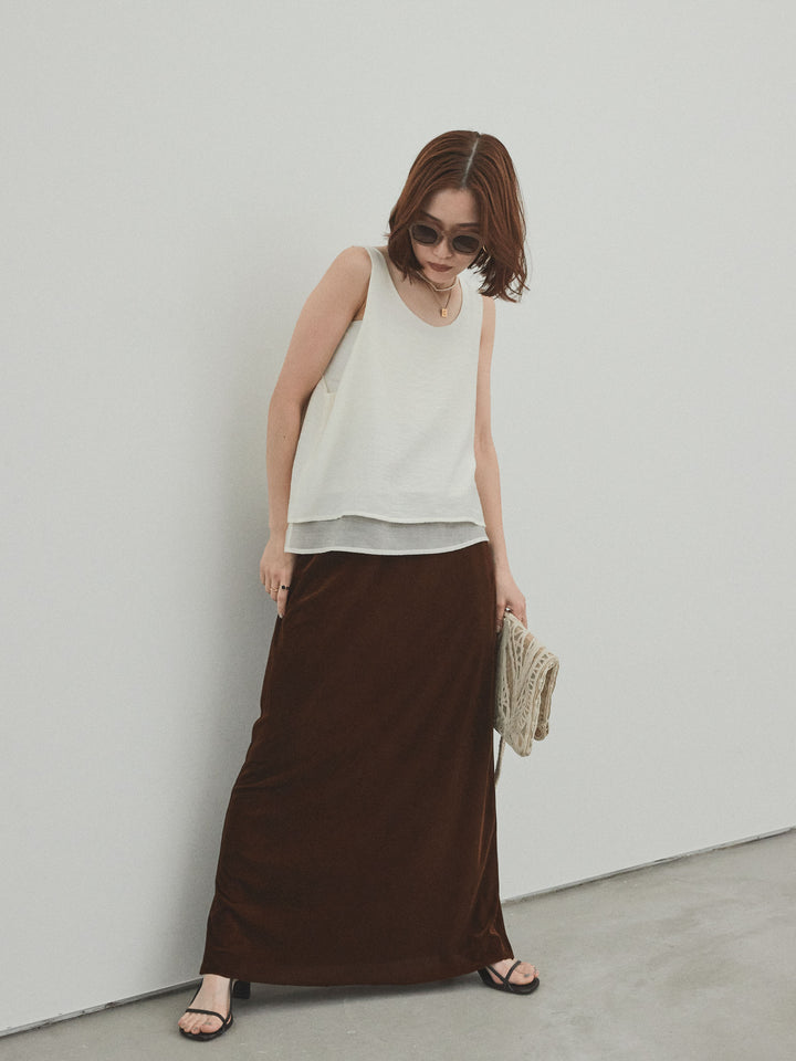 [SET]ワッシャーサテンシアーレイヤードタンクトップ+ベロアナロースカート(2set)