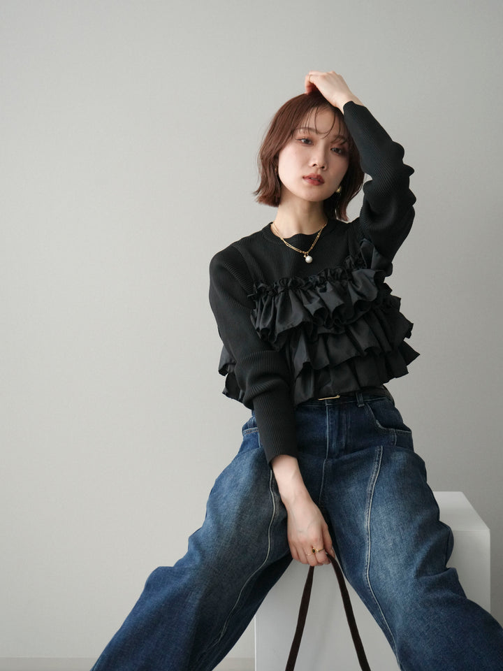 [予約]フリルビスチェドッキングスポンジニットプルオーバー/black