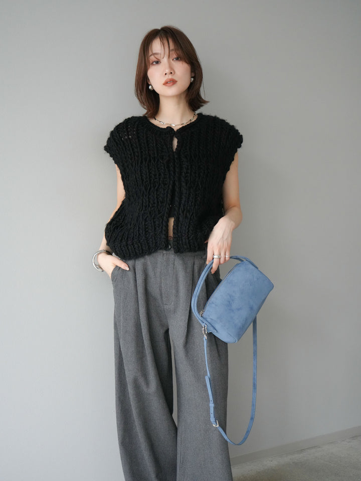 [SET] 手編繩結背心+粗花呢觸感褶皺寬褲（2件組）