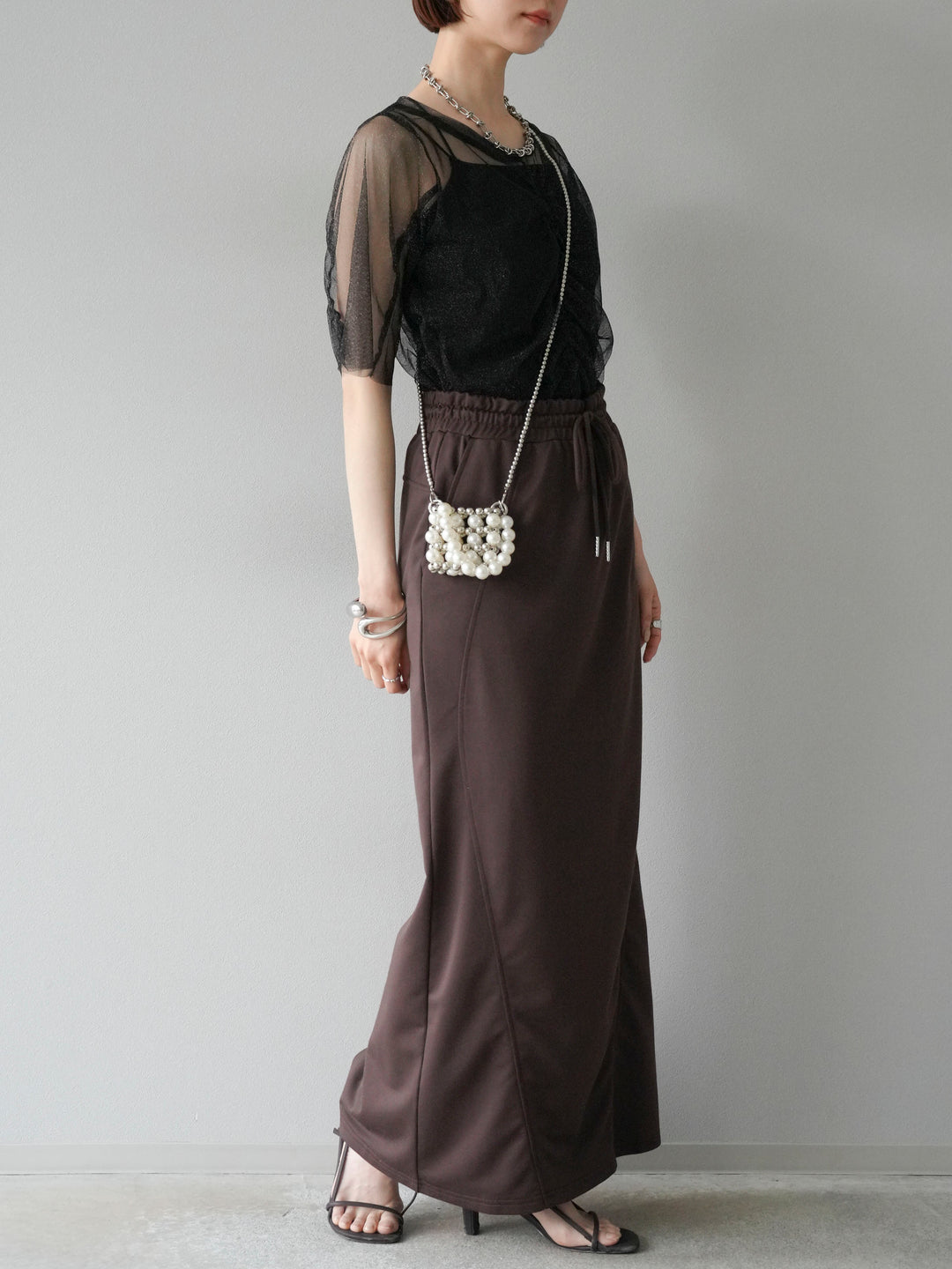 [SET]ラメチュールシャーリングプルオーバー+スウェットロングスカート(2set)