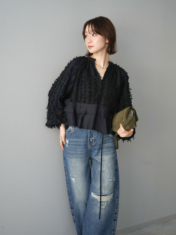 [SET]ジャガードぺプラムフリルブラウス+選べるアクセセット(2set)