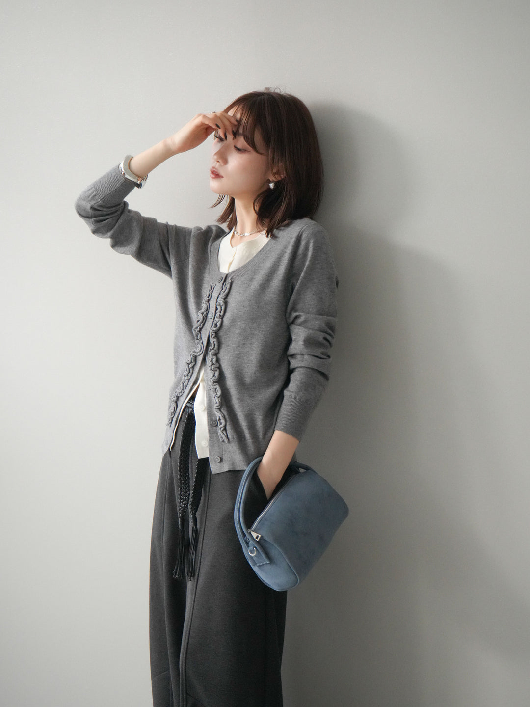 [予約]配色レイヤードフリルデザインニットカーディガン/gray